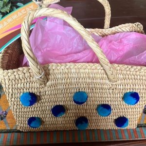 Nannacay mini tote. 9 x 7.  Turquise and navy Pom poms on top of bag NWThandmade
